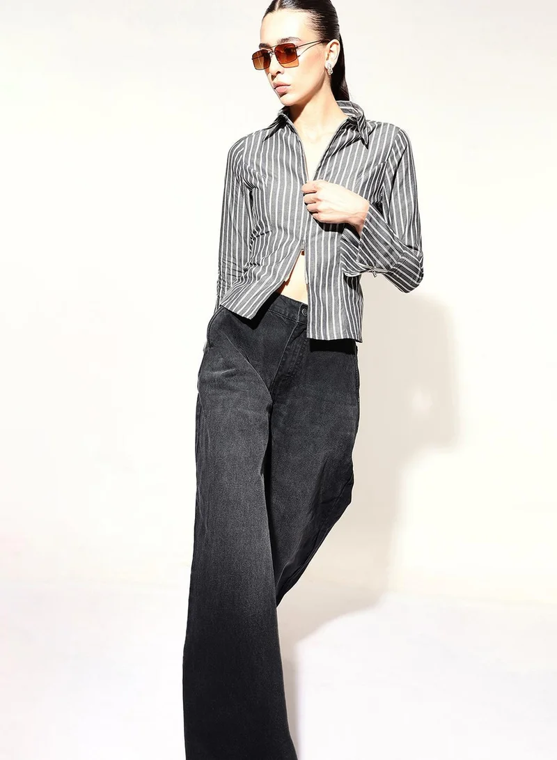 دينيس لينغو Black 100% Cotton Striped Button Down Slim Fit Shirt For Women