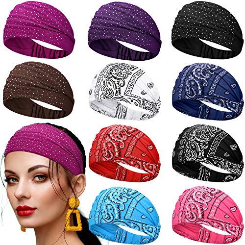WILLBOND 10 Pcs Wide Bandana Headbands for Women Non Slip Paisley Crystal Hairband Elastic Boho Bling Rhinestone Head Wrap Stretchy Turban Bandana Hair Accessories for Sports Yoga Gym Workout - Image 1