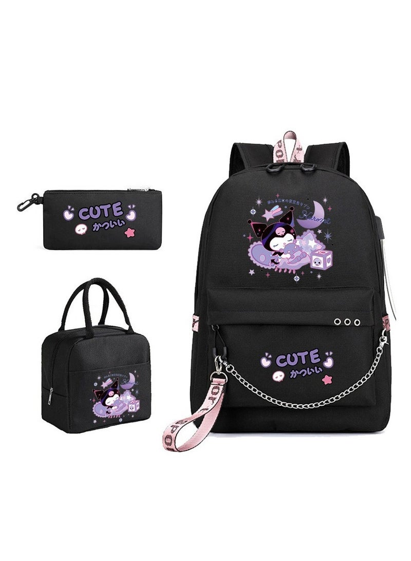 General Sanrio Kuromi Student Backpack + Small Shoulder Bag + Pencil Case Three-Piece Set, Men's and Women's Casual Sports Backpacks, Gifts for Kuromi Fans  - Image 1