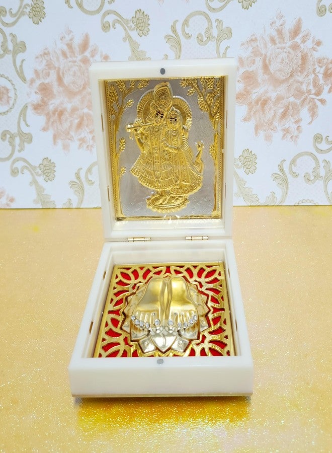 ARNAVIRA Gold Plated Photo Radha Krishna Frame with Charan Paduka Pocket Temple for Diwali Gift, House Warming Gifts Return Gift Puja (Radha Krishna, Medium) - Image 1
