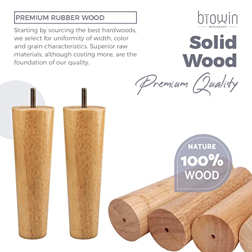 Btowin 6 inch Solid Wood Furniture Legs, 4Pcs Mid-Century Modern Wooden Replacement Feet with Threaded 5/16'' Hanger Bolts & Mounting Plate & Screws for Sofa Couch Armchair Cabinet TV Stand - Image 2