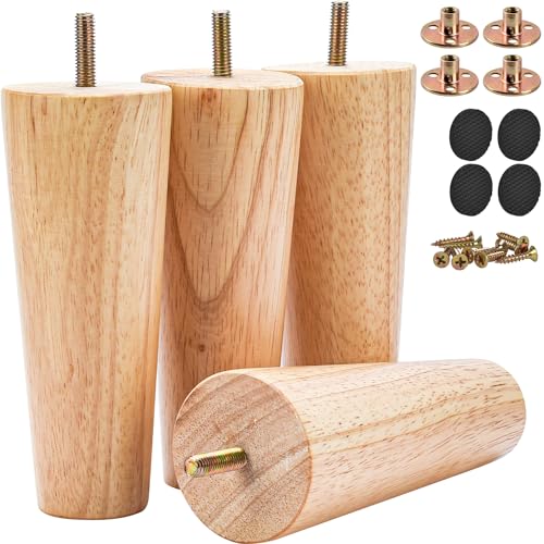Btowin 6 inch Solid Wood Furniture Legs, 4Pcs Mid-Century Modern Wooden Replacement Feet with Threaded 5/16'' Hanger Bolts & Mounting Plate & Screws for Sofa Couch Armchair Cabinet TV Stand - Image 1