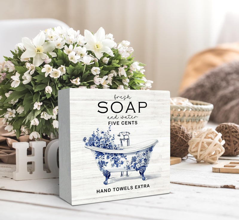 SRADMO Blue and White Chinoiserie Floral Bathtub Wood Box Sign Desk Decor, Funny Bathroom Decor, Bathroom Wooden Block Box Sign Decoration for Washroom Toilet Shelf Table Decorative Accessories - Image 3