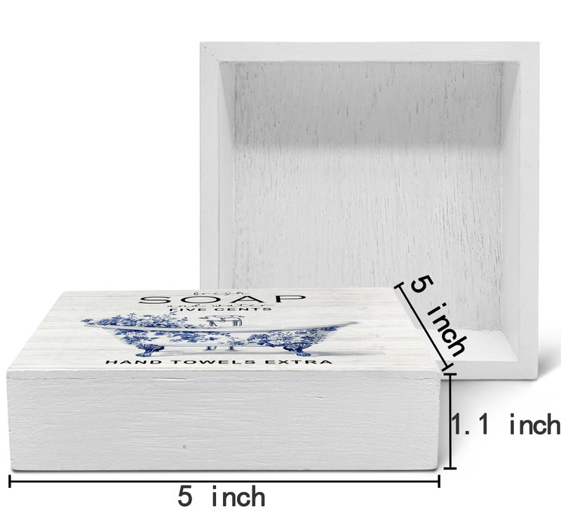 SRADMO Blue and White Chinoiserie Floral Bathtub Wood Box Sign Desk Decor, Funny Bathroom Decor, Bathroom Wooden Block Box Sign Decoration for Washroom Toilet Shelf Table Decorative Accessories - Image 2