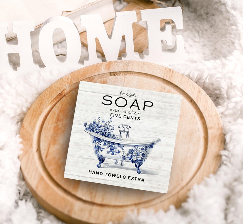 SRADMO Blue and White Chinoiserie Floral Bathtub Wood Box Sign Desk Decor, Funny Bathroom Decor, Bathroom Wooden Block Box Sign Decoration for Washroom Toilet Shelf Table Decorative Accessories - Image 5