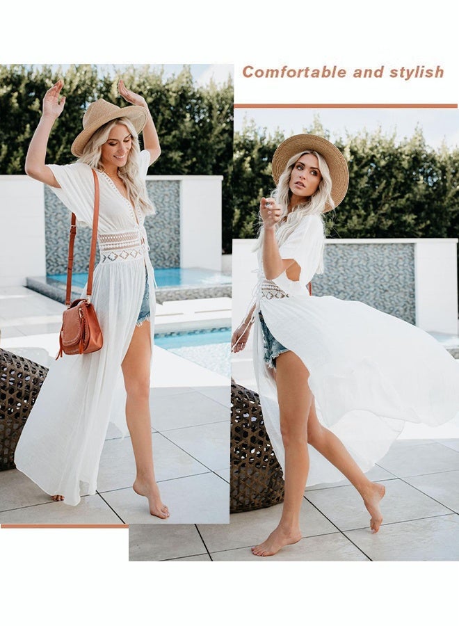 Women Lace-up Beach Blouse Cover Beachwear Up Embroidery Mesh Dress Kimonos Bathing Suit Sunscreen Swim Skirt Hollow Lace Cardigan for Summer - Image 2