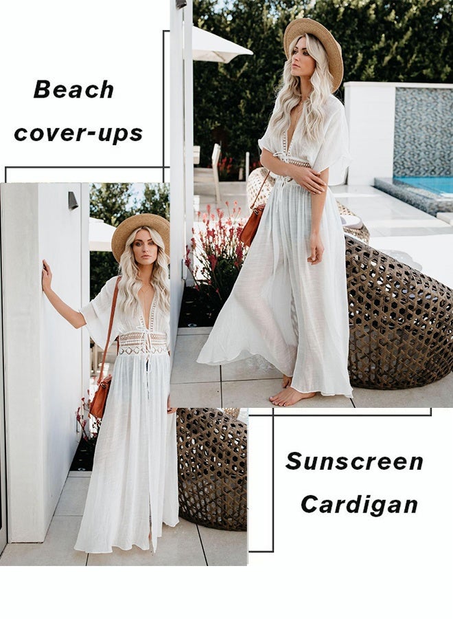 Women Lace-up Beach Blouse Cover Beachwear Up Embroidery Mesh Dress Kimonos Bathing Suit Sunscreen Swim Skirt Hollow Lace Cardigan for Summer - Image 3