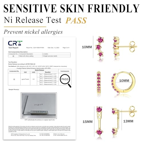 VAMA FASHIONS 3 Pair 18K Gold Plated CZ Ruby Pink Stone Multiple Piercing Dainty Anti-Tarnish Stud Huggie Hoop Hypoallergenic Lightweight Earrings Combo Set for Women & Girls - Image 4