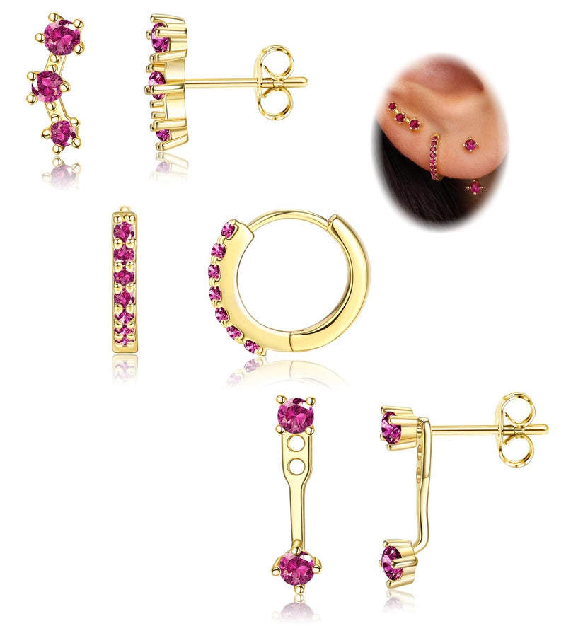 VAMA FASHIONS 3 Pair 18K Gold Plated CZ Ruby Pink Stone Multiple Piercing Dainty Anti-Tarnish Stud Huggie Hoop Hypoallergenic Lightweight Earrings Combo Set for Women & Girls - Image 1