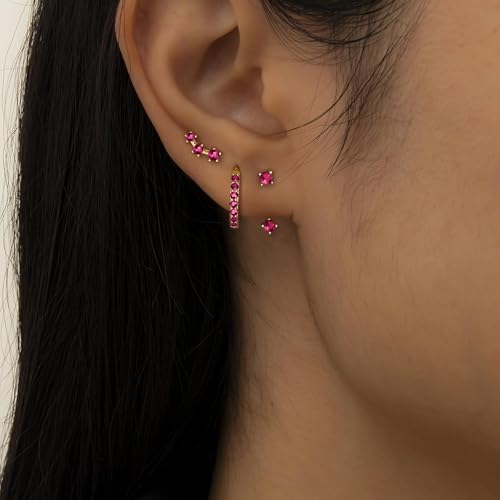VAMA FASHIONS 3 Pair 18K Gold Plated CZ Ruby Pink Stone Multiple Piercing Dainty Anti-Tarnish Stud Huggie Hoop Hypoallergenic Lightweight Earrings Combo Set for Women & Girls - Image 5