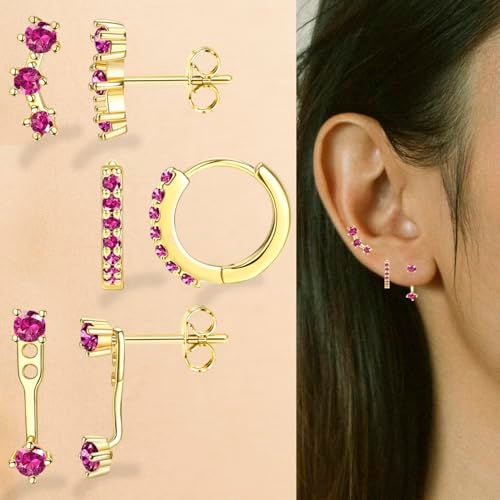 VAMA FASHIONS 3 Pair 18K Gold Plated CZ Ruby Pink Stone Multiple Piercing Dainty Anti-Tarnish Stud Huggie Hoop Hypoallergenic Lightweight Earrings Combo Set for Women & Girls - Image 2