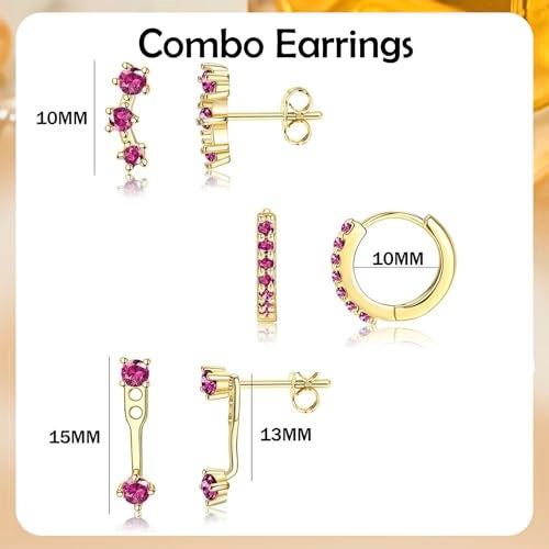 VAMA FASHIONS 3 Pair 18K Gold Plated CZ Ruby Pink Stone Multiple Piercing Dainty Anti-Tarnish Stud Huggie Hoop Hypoallergenic Lightweight Earrings Combo Set for Women & Girls - Image 3