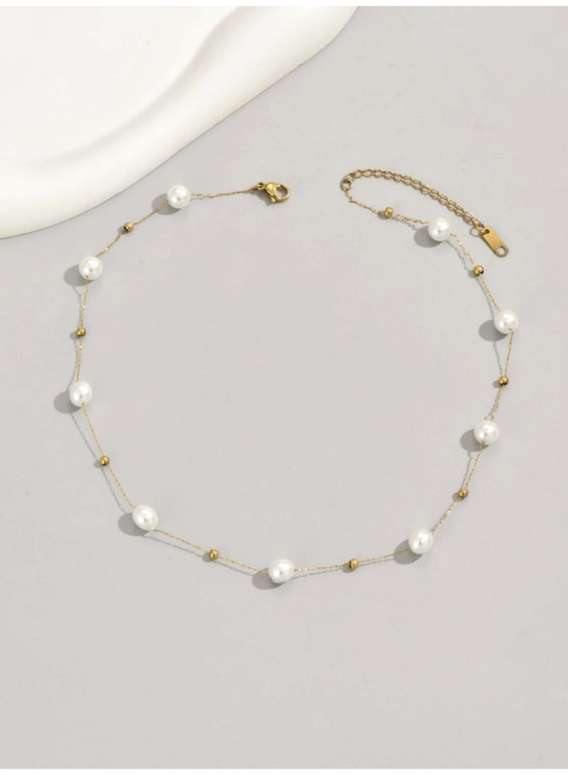 قلادة مطلية من الفولاذ المقاوم للصدأ مع خرزة واحدة من  الؤلؤ الصناعي المميز والفاخر - Image 4