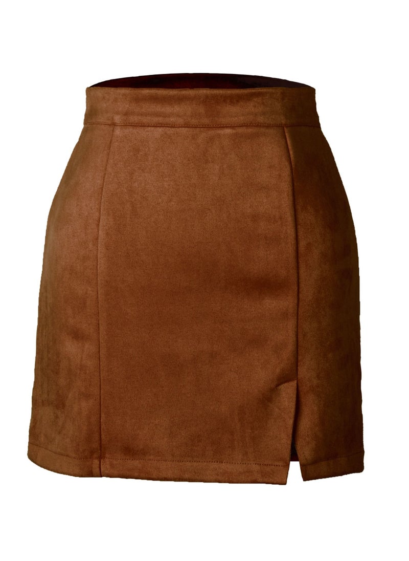Loquat - Women's Hip Wrap High Waist Solid Color Zipper Short Mini Skirts Side Slit Pencil Skirt Dark Brown - Image 1