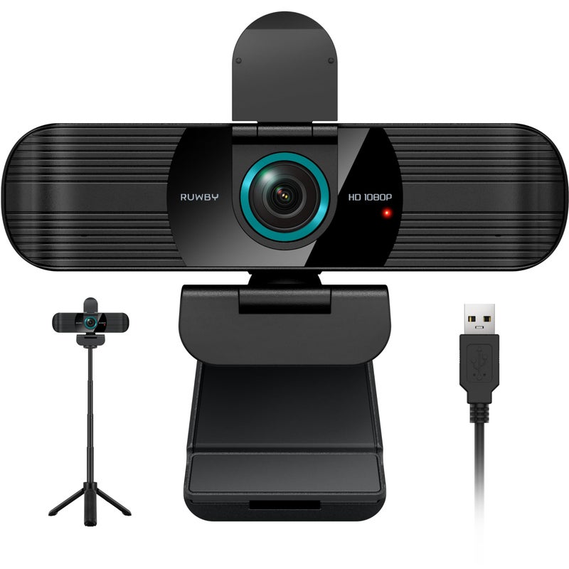 RUWBY Full HD 1080P Webcam with Built-in Dual Mics, Wide-Angle Lens, Privacy Cover, Tripod Stand, Autofocus Computer Camera, Plug and Play for Desktop PC or Laptop - Image 1