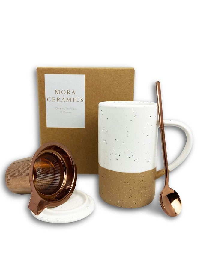 Mora Mora 12oz Ceramic Tea Cup with Infuser, Spoon, Lid - Microwave & Dishwasher Safe  - Image 1