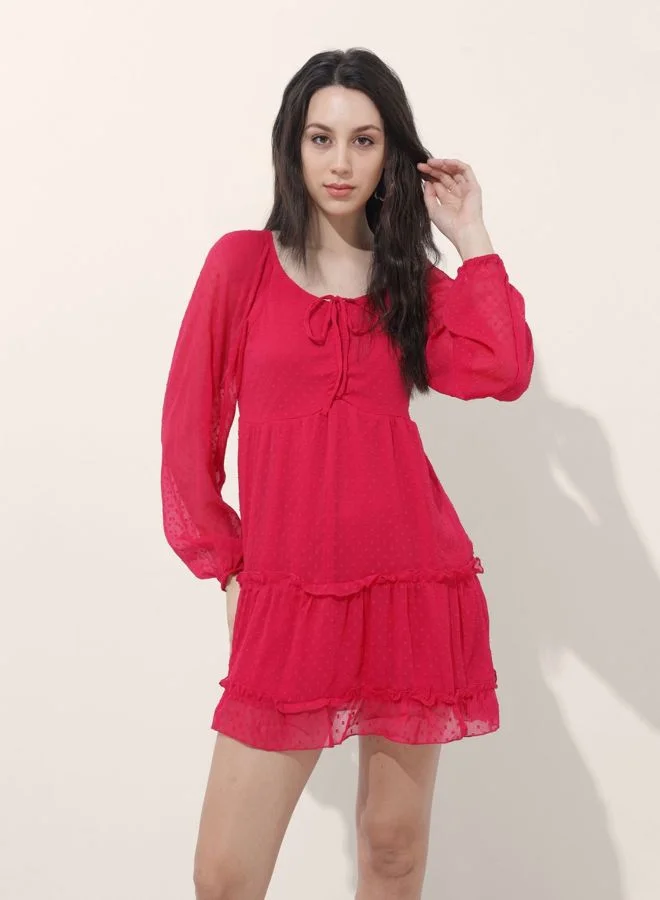 Women Fit and Flared Textured Sweetheart Neck Long Sleeve Tiered Dress