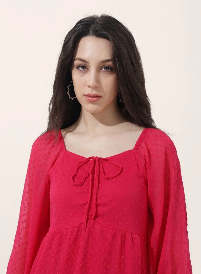 Freehand  Women Fit and Flared Textured Sweetheart Neck Long Sleeve Tiered Dress for Women | Best Price UAE