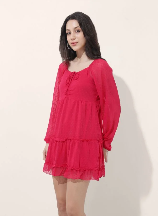 Freehand  Women Fit and Flared Textured Sweetheart Neck Long Sleeve Tiered Dress for Women | Best Price UAE