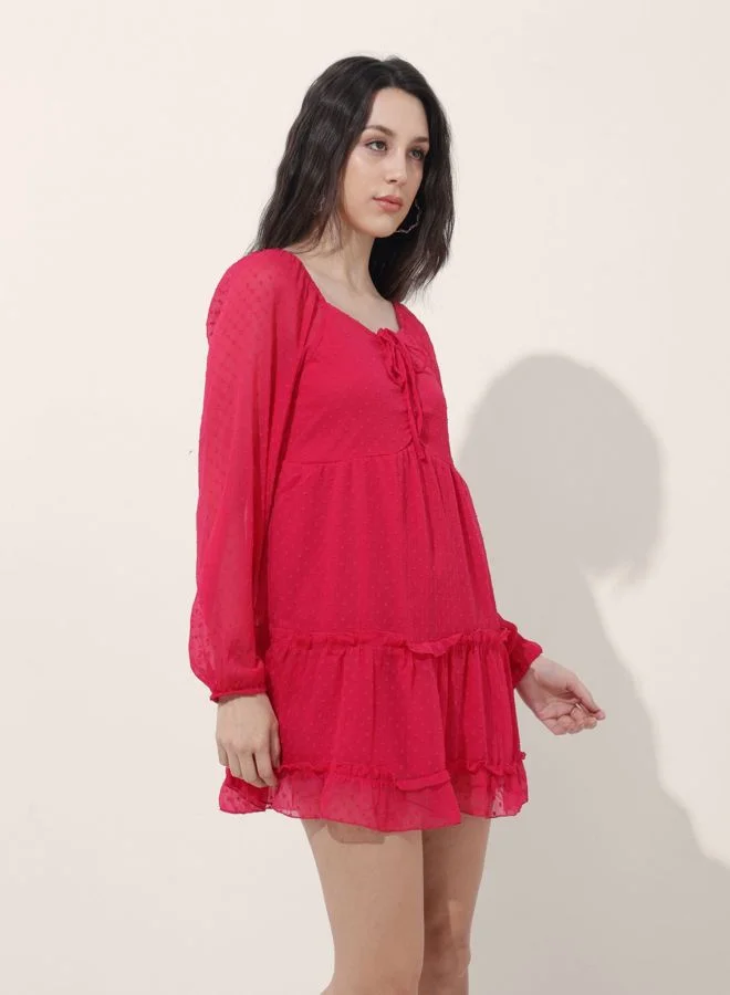 Freehand  Women Fit and Flared Textured Sweetheart Neck Long Sleeve Tiered Dress for Women | Best Price UAE