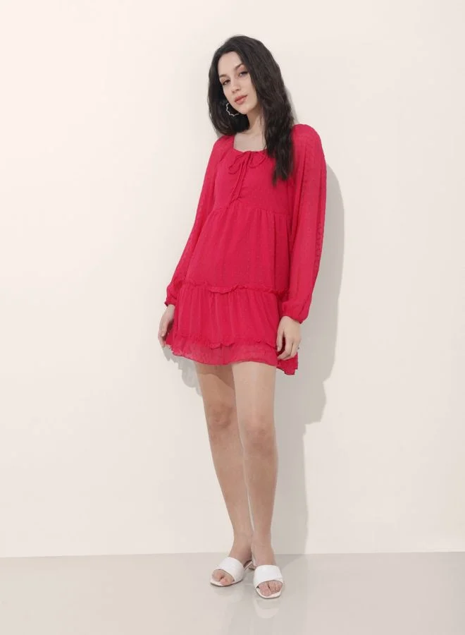 Freehand  Women Fit and Flared Textured Sweetheart Neck Long Sleeve Tiered Dress for Women | Best Price UAE