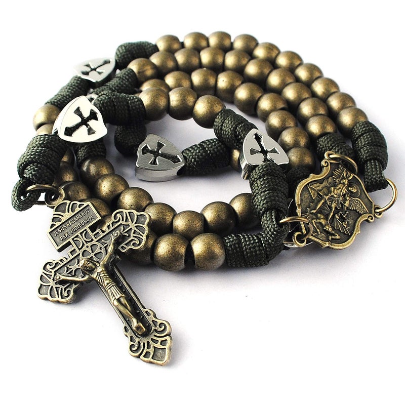 HanlinCC Large and Heavy Antique Bronze Metal Beads Rugged Durable Paracord Rosary Necklace with St.Michael Center Piece and Pardon Crucifix for Men (Bronze St.Michael Rosary) - Image 4