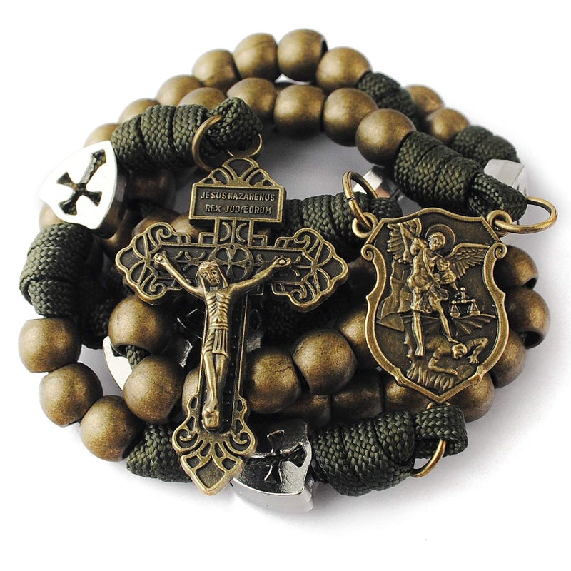 HanlinCC Large and Heavy Antique Bronze Metal Beads Rugged Durable Paracord Rosary Necklace with St.Michael Center Piece and Pardon Crucifix for Men (Bronze St.Michael Rosary) - Image 1