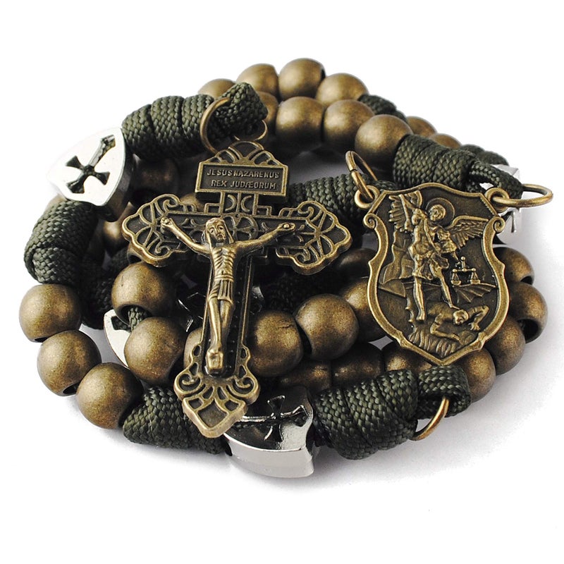 HanlinCC Large and Heavy Antique Bronze Metal Beads Rugged Durable Paracord Rosary Necklace with St.Michael Center Piece and Pardon Crucifix for Men (Bronze St.Michael Rosary) - Image 5