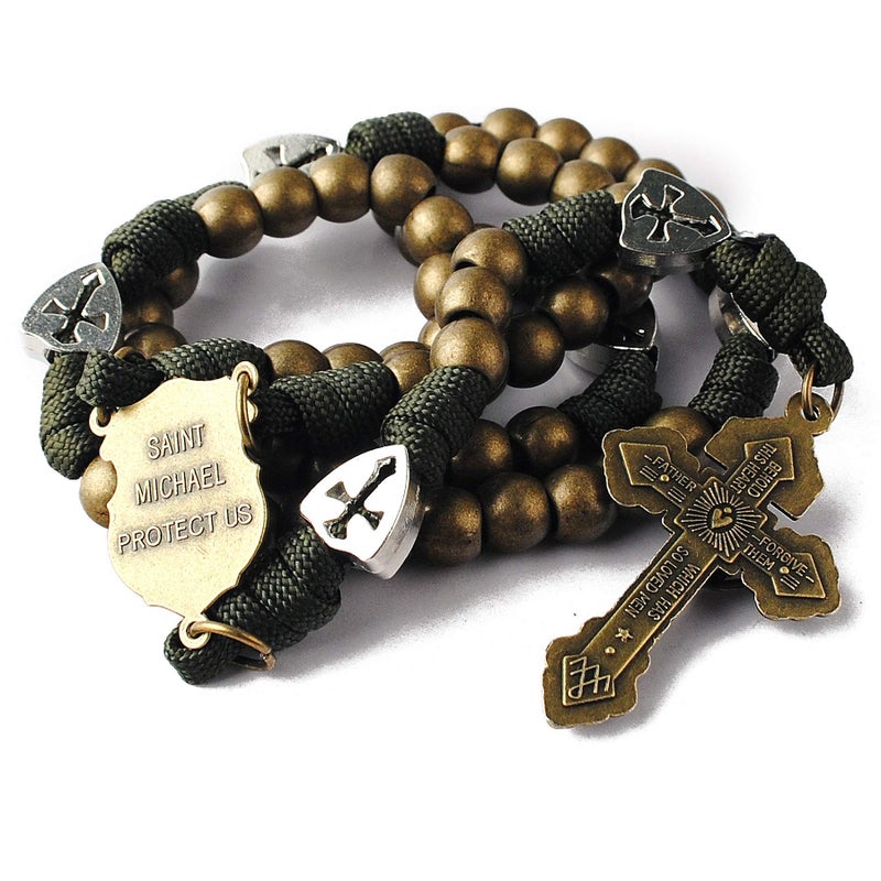 HanlinCC Large and Heavy Antique Bronze Metal Beads Rugged Durable Paracord Rosary Necklace with St.Michael Center Piece and Pardon Crucifix for Men (Bronze St.Michael Rosary) - Image 3