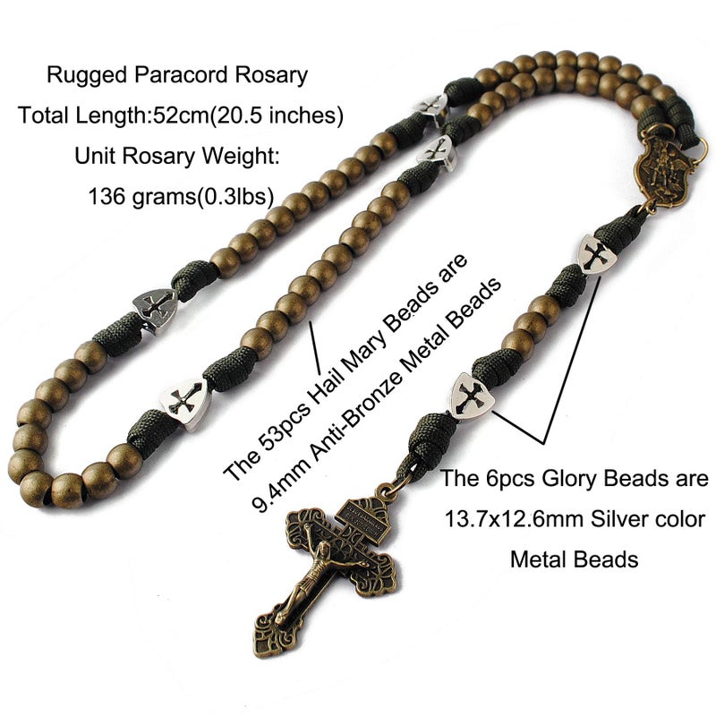 HanlinCC Large and Heavy Antique Bronze Metal Beads Rugged Durable Paracord Rosary Necklace with St.Michael Center Piece and Pardon Crucifix for Men (Bronze St.Michael Rosary) - Image 2
