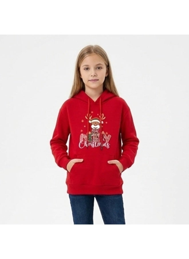 Caesar Girls' winter Melton hoodie with prints on the chest - Image 1