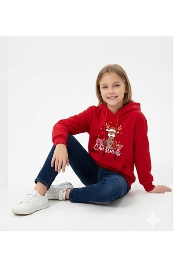 Caesar Girls' winter Melton hoodie with prints on the chest - Image 3