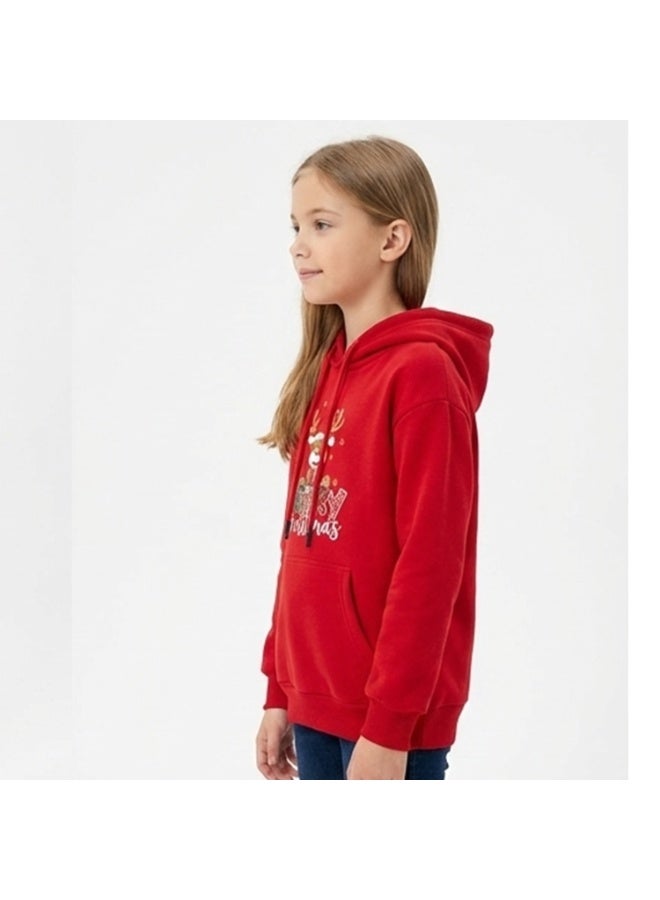 Caesar Girls' winter Melton hoodie with prints on the chest - Image 4
