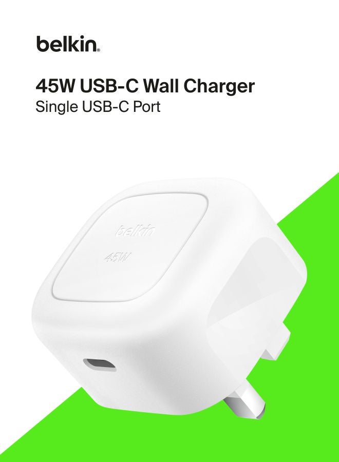 belkin Compact Wall Charger 45W , USB-C Power Delivery Fast Charging for Apple iPhone 16, 16 Plus, 16 Pro, 16 Pro Max, 15 Serie, Samsung Galaxy S25, iPad, AirPods & More - White White - Image 1