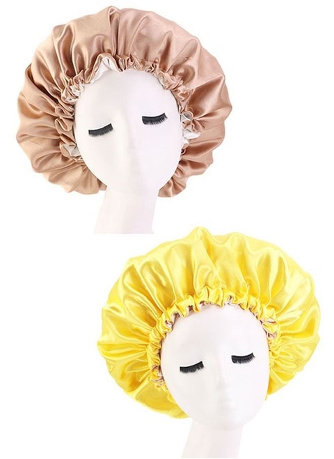 2 Pcs Double Sided Adjustable Sleep Hair Cover Bonnet, Soft Satin Silk Bonnet Cap (Yellow+Khaki)