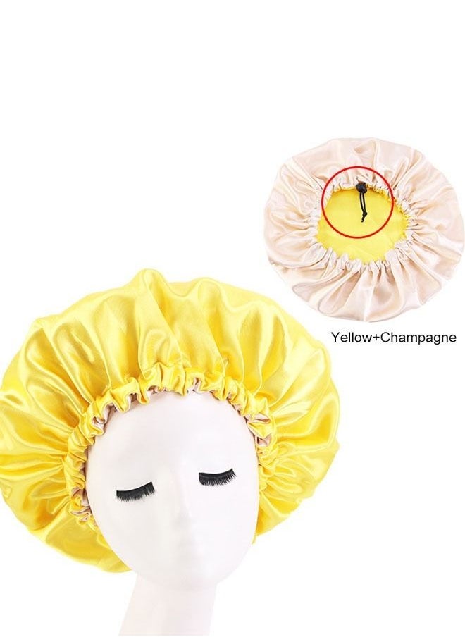 2 Pcs Double Sided Adjustable Sleep Hair Cover Bonnet, Soft Satin Silk Bonnet Cap (Yellow+Khaki)