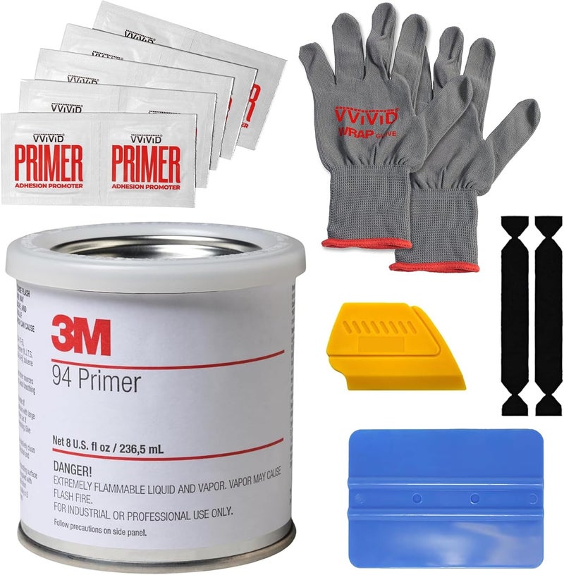 3M Primer 94 8oz - 236ml Car Wrapping Application Tool - With 10 Primer Wipes, Wrap Gloves, Blue Squeegee, 2 Felt Tips and Detailer Squeegee.