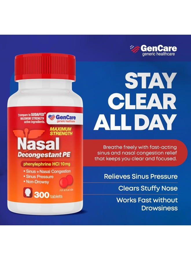 GenCare Nasal Decongestant (10mg Tablets) Phenylephrine HCl (300 Tablets Per Bottle) | Value Pack Non Drowsy Sinus and Nasal Congestion Relief | Lower Sinus Pressure Due to Allergies or Illness - Image 2