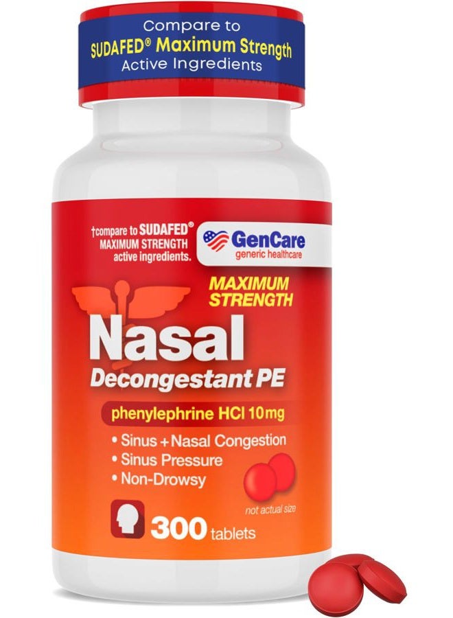 GenCare Nasal Decongestant (10mg Tablets) Phenylephrine HCl (300 Tablets Per Bottle) | Value Pack Non Drowsy Sinus and Nasal Congestion Relief | Lower Sinus Pressure Due to Allergies or Illness - Image 1