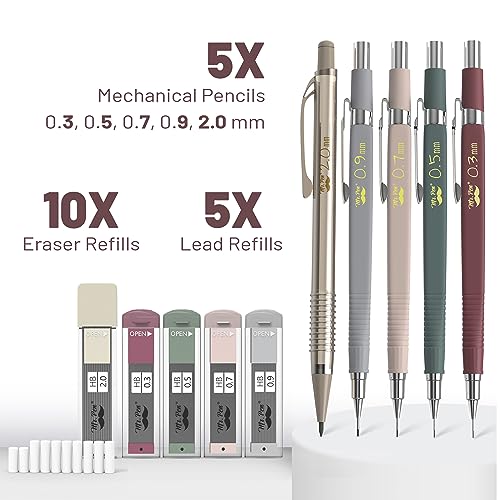 Mr. Pen Mr Pen Art Mechanical Pencil Set 5 Vintage Mechanical Pencils 03 05 07 09 20mm 5 HB Lead Refills 10 Eraser Refills Precision Drawing Pencils for Sketching Writing Artwork - Image 3
