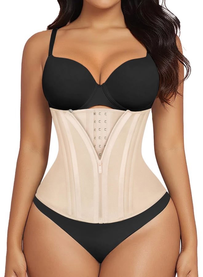 SHAPERX Waist Trainer for Women Tummy Control Workout Waist Cincher Corset Hourglass Body Shaper Zipper and Hooks, Beige, M - Image 1