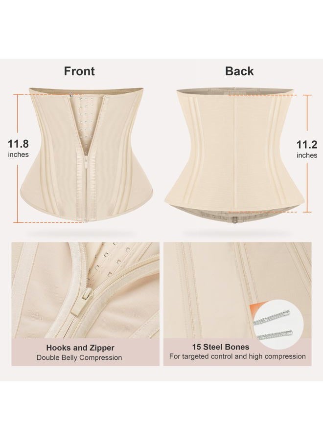 SHAPERX Waist Trainer for Women Tummy Control Workout Waist Cincher Corset Hourglass Body Shaper Zipper and Hooks, Beige, M - Image 3