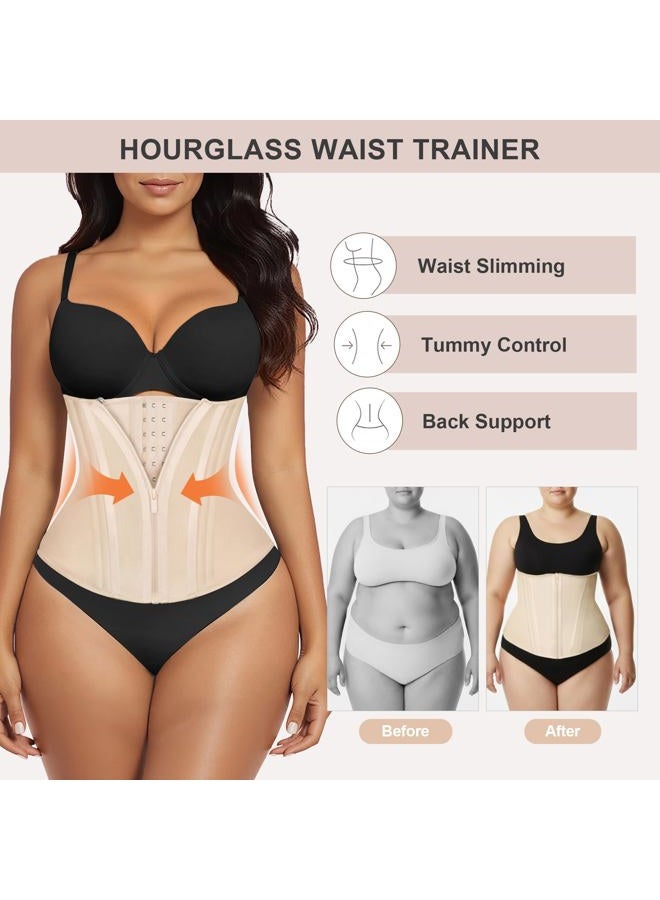 SHAPERX Waist Trainer for Women Tummy Control Workout Waist Cincher Corset Hourglass Body Shaper Zipper and Hooks, Beige, M - Image 5