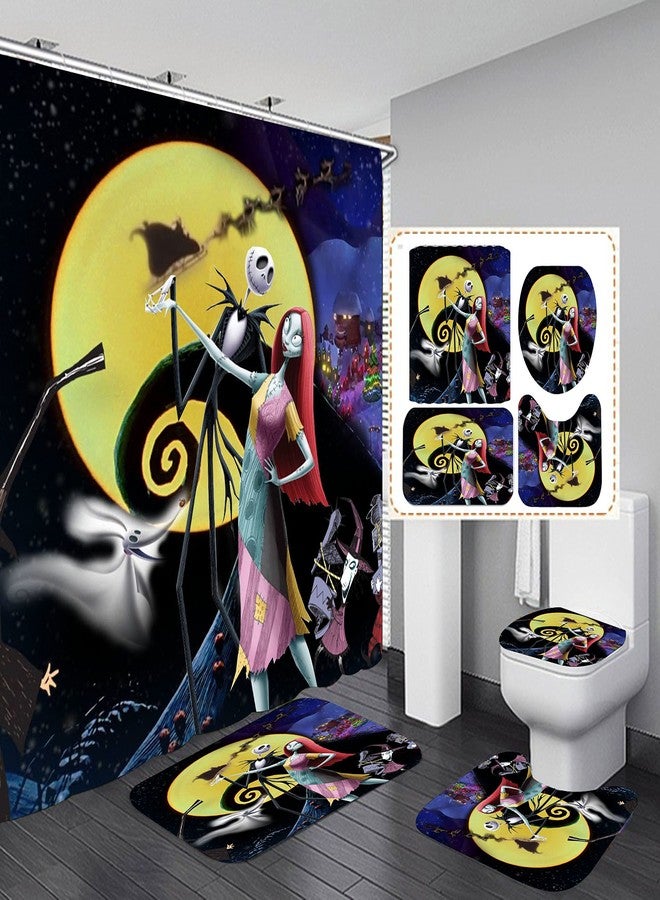 Frameless Jack and Sally Bathroom 4 Pieces Set Shower Curtain, Toilet Lid Cover and Bath Mat, Non-Slip Rugs, Durable and Waterproof, for Bathroom Decor Set, 72" x 72" - Image 1