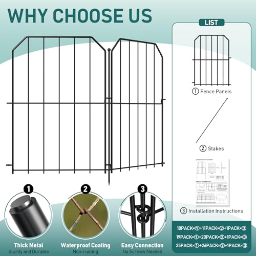 Goovilla Garden Fence, Total 10ft(L) x 24in(H) Garden Fencing Animal Barrier, 10 Pcs Rustproof Metal Wire No Dig Fence Panels, Black Decorative Garden Fences and Borders for Dogs, Flower Bed, Patio - Image 4