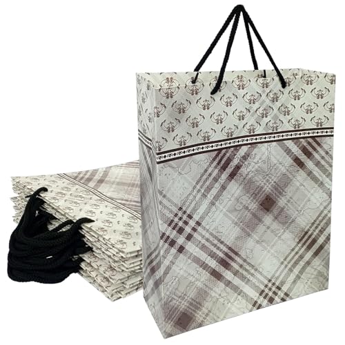 Aakriti Designer Paper Gift Bags Pack of 25 | 8.5 x 7.9 x 3 Inch | Elegant Beige & Brown Pattern | Reusable Bags with Handles for Weddings, Parties, Return Gifts & Boutique Packaging - Image 1