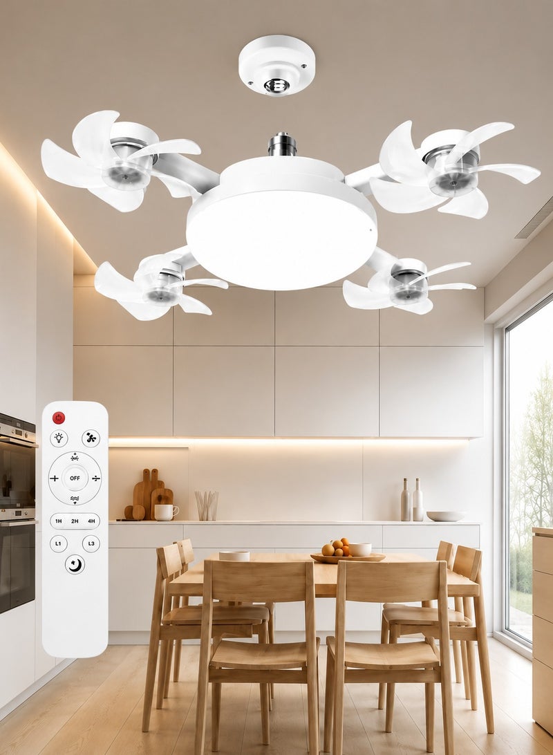 مروحة سقف بإضاءة LED، لون أبيض، مصنوعة من مادة ABS ومعدن، شفرات بتصميم زهرة، جهاز تحكم عن بعد، قاعدة E27، إضاءة قابلة للتعتيم بثلاثة ألوان، ضوضاء منخفضة - Image 1