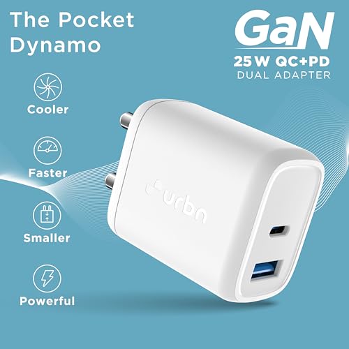 URBN 25W Dual USB Type-C Travel Adaptor with GaN Technology for Google Pixel, Xiaomi, Motorola, iPhone, Samsung Galaxy Tab S/A Series, Galaxy S10/M54/M55/A80/A90/S25/S24 (White) - Image 4