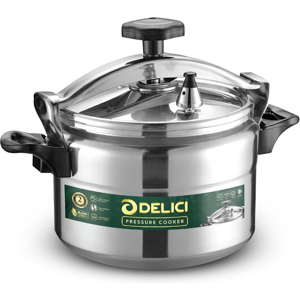 DELICI Aluminium Pressure Cooker for Arabic cooking, silver finish, safety lock feature, 2-year warranty
