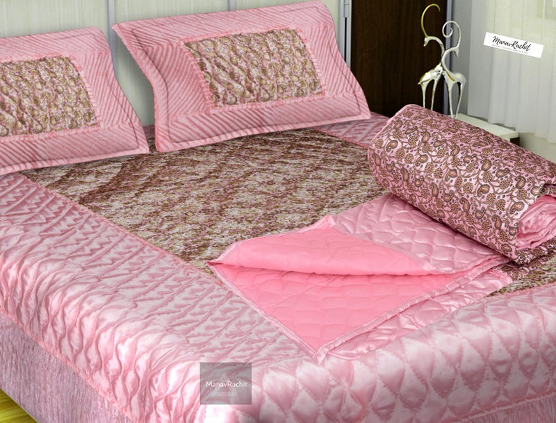 ManavRachit 310 TC Satin Luxury Gold Printed Quilted Microfibre King Size Wedding Bedding Bedsheet Set, Set of 4 Pieces for Home & Living Room (Pink Jaal) - Image 4